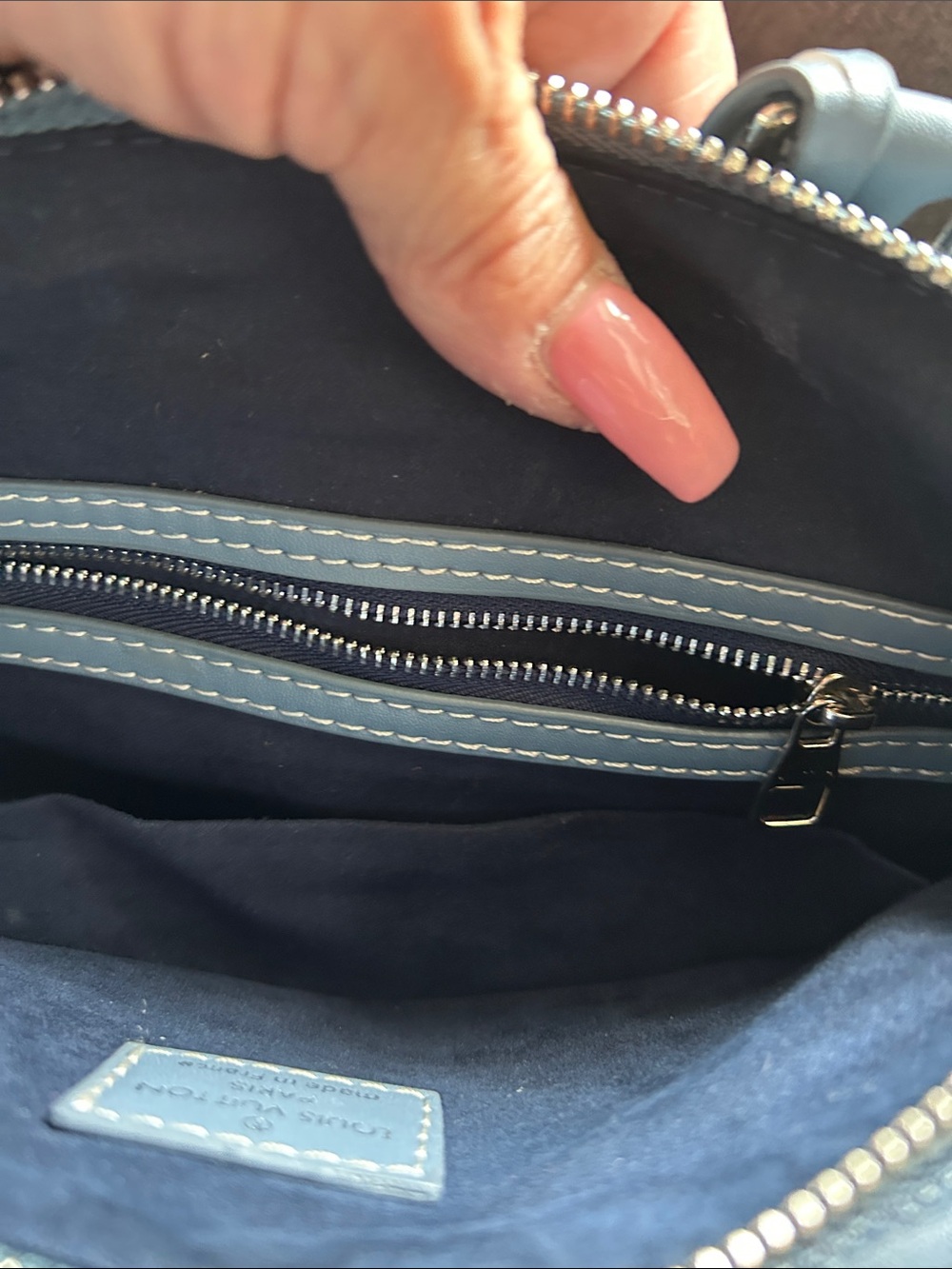 Dark Blue Denim Monogram Satchel with Shoulder Strap.  Size 25 - Picture 7 of 9